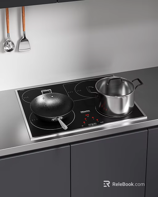 Modern Kitchen Cookware Display With Black Wok And Stainless Steel Pot On Induction Cooktop 3d model 