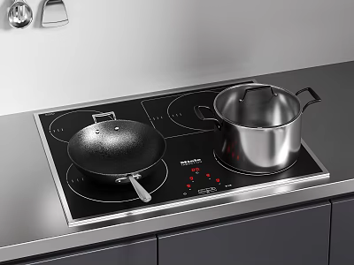 Modern Kitchen Cookware Display With Black Wok And Stainless Steel Pot On Induction Cooktop 3d model
