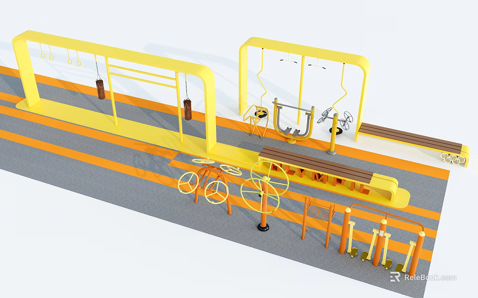 Outdoor Fitness Area With Yellow Frame Equipment Bicycle Stations Parallel Bars And Bench 3d model 