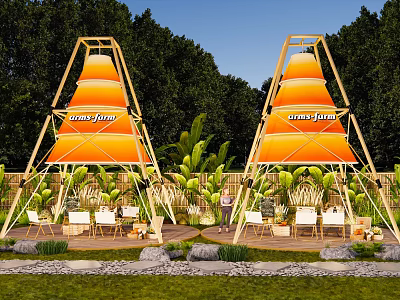 Camping Campsite With Orange Tents Sunny Fun Green Plants White Chairs Wooden Deck And Lawn 3d model