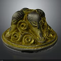 Ornate Three Ram Heads Decorative Artifact With Gold Silver Spiral Patterns