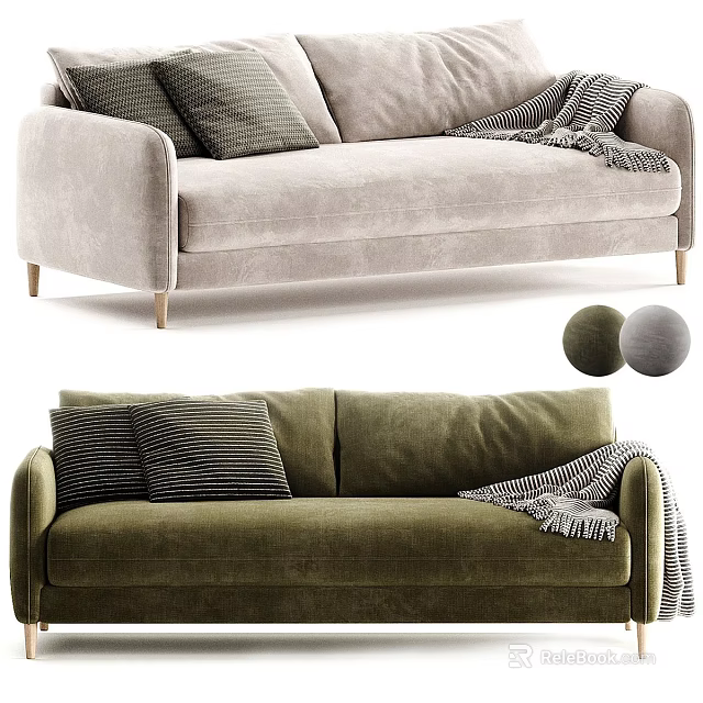 Modern Light Gray And Green Velvet Two-Seater Sofa With Decorative Pillows And Throw Blanket 3d model 