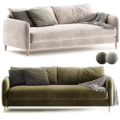 Modern Light Gray And Green Velvet Two-Seater Sofa With Decorative Pillows And Throw Blanket 3d model