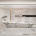 Modern Reception Desk Design With Marble Surface Pendant Light Sculpture And Decorative Plant