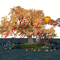 Nighttime Landscape Sculpture Featuring Decorative Tree Red Lanterns Moon Clouds Blue Rocks And Water Reflection