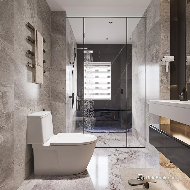 Modern Bathroom Interior Design With Glass Shower Marble Walls Vanity Toilet And Window Blinds 3d model 