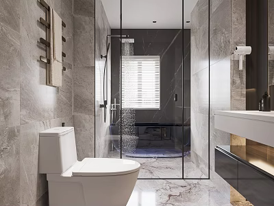 Modern Bathroom Interior Design With Glass Shower Marble Walls Vanity Toilet And Window Blinds 3d model