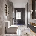 Modern Bathroom Interior Design With Glass Shower Marble Walls Vanity Toilet And Window Blinds