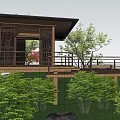 Japanese Style Wooden Pavilion With Deck Railings And Green Garden Plants Stones