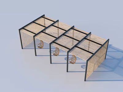 Modern Garden Pergola With Wooden Structure Black Frame And Hanging Chairs 3d model