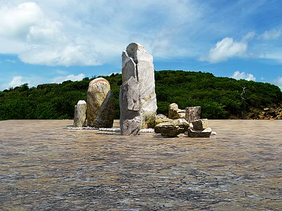 Natural Stone and Wood Structures in Open Area with Green Hills and Blue Sky 3d model