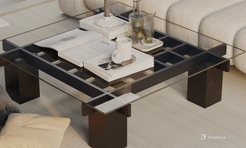 Modern Glass Coffee Table with Black Frame Open Book Mug Bottles and Trays on Top 3d model 