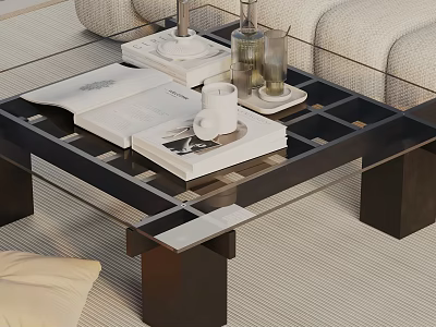 Modern Glass Coffee Table with Black Frame Open Book Mug Bottles and Trays on Top 3d model