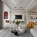 Modern Elegant Dining And Living Room Interior With Chandelier Dining Table And Blue Chairs