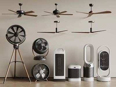 Different Styles of Ceiling Standing Tower and Bladeless Fans in Indoor Setup 3d model