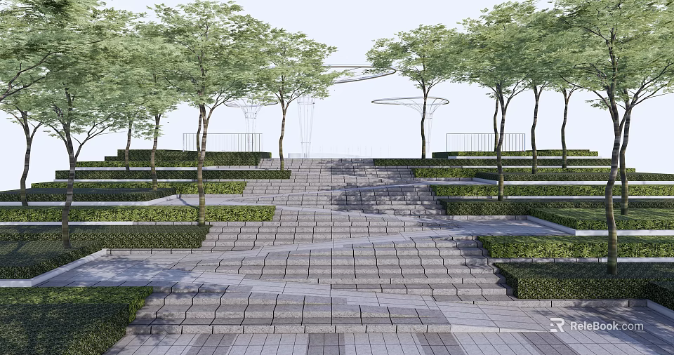 Stone Stairs in Landscape Design with Green Trees and Trimmed Hedges 3d model 