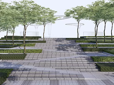 Stone Stairs in Landscape Design with Green Trees and Trimmed Hedges 3d model