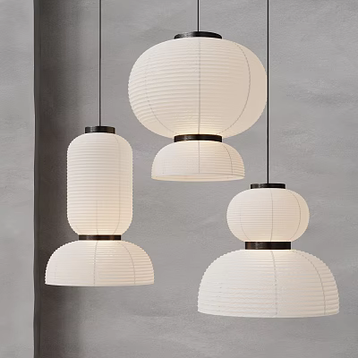 Modern Paper Pendant Lights With Various Shapes White Shades Dark Bases Hanging On Gray Wall 3d model