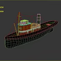 Vintage Red and Black Water Vehicle with Green Chimney Mast and Ropes