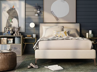 Modern Beige Double Bed With Pillows Nightstand And Decorative Paintings On Rug 3d model