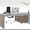 Modern Office Desk With White And Black Chair Computer Monitor Potted Plant And Side Cabinet