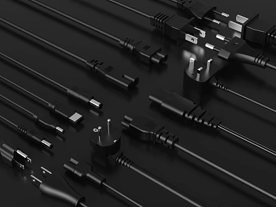 Office Appliances Black Plugs And Various Types Of Cables For Connection Use 3d model