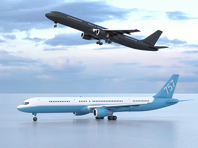 Black Passenger Airplane Flying in Sky and Light Blue Airliner Parked on Ground 3d model