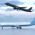 Black Passenger Airplane Flying in Sky and Light Blue Airliner Parked on Ground
