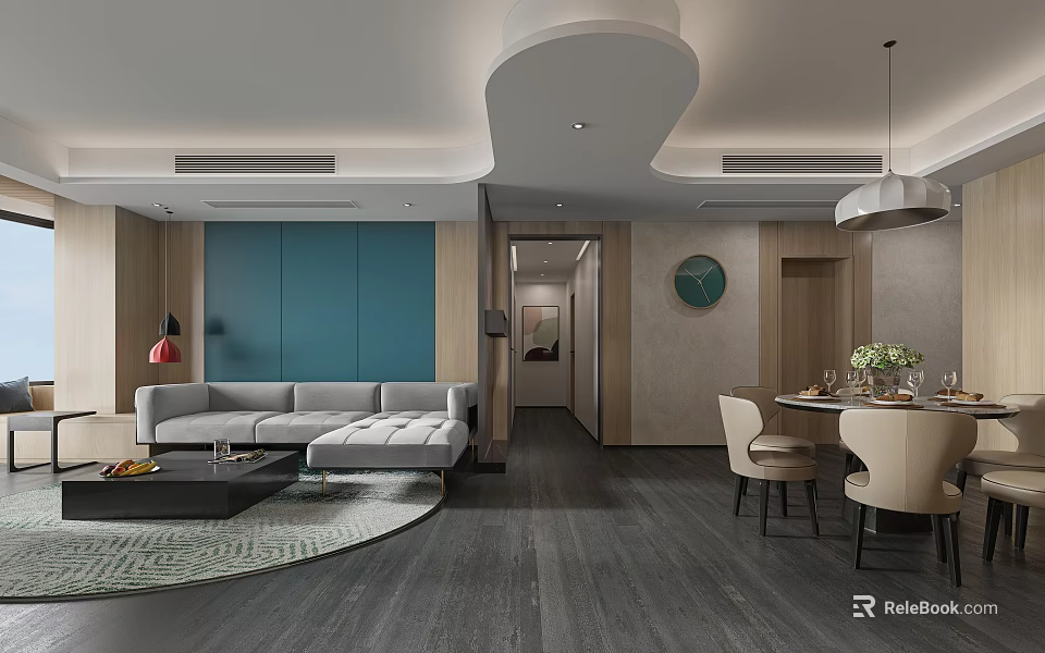 Modern Living and Dining Room Interior With Sofa Coffee Table Dining Table And Chairs 3d model 