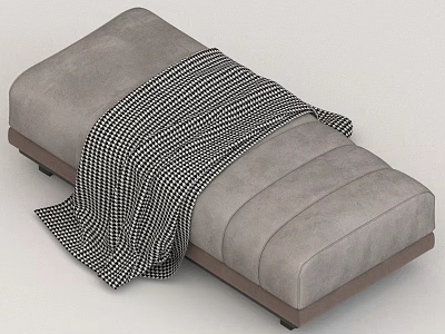 Gray Upholstered Ottoman With Black And White Checkered Blanket And Dark Base 3d model