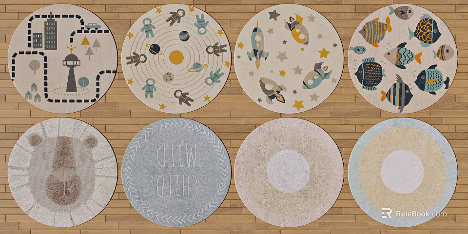 Colorful Round Rugs Featuring Astronaut Planet Rocket Star Fish Geometric Patterns 3d model