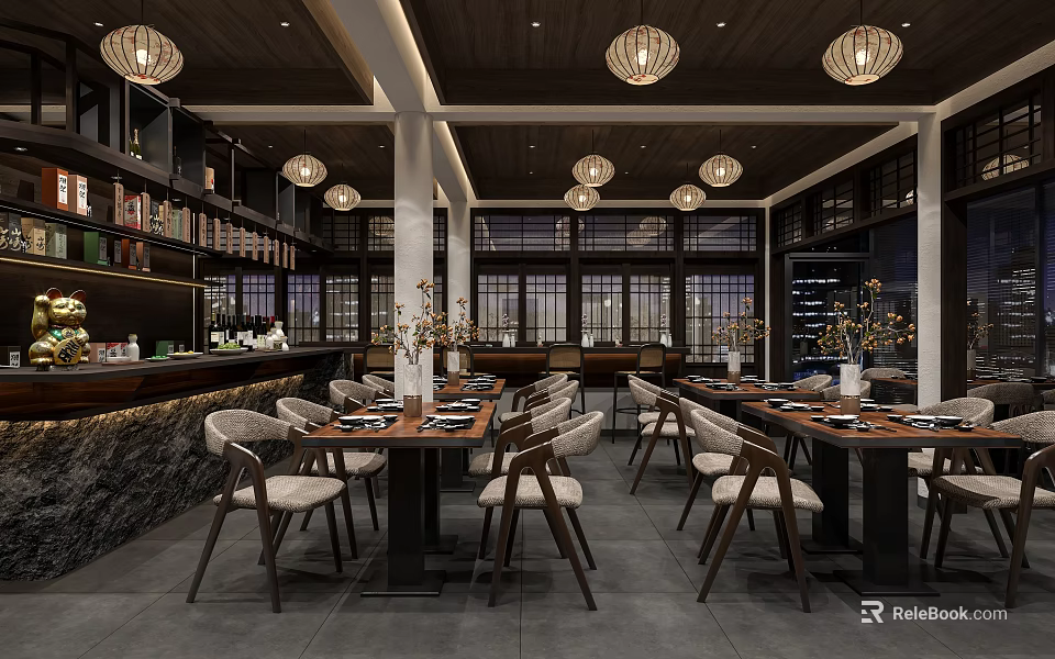 Elegant Restaurant Interior With Wooden Ceiling Lantern Pendant Lights And Long Dining Tables 3d model 