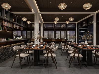 Elegant Restaurant Interior With Wooden Ceiling Lantern Pendant Lights And Long Dining Tables 3d model