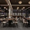 Elegant Restaurant Interior With Wooden Ceiling Lantern Pendant Lights And Long Dining Tables