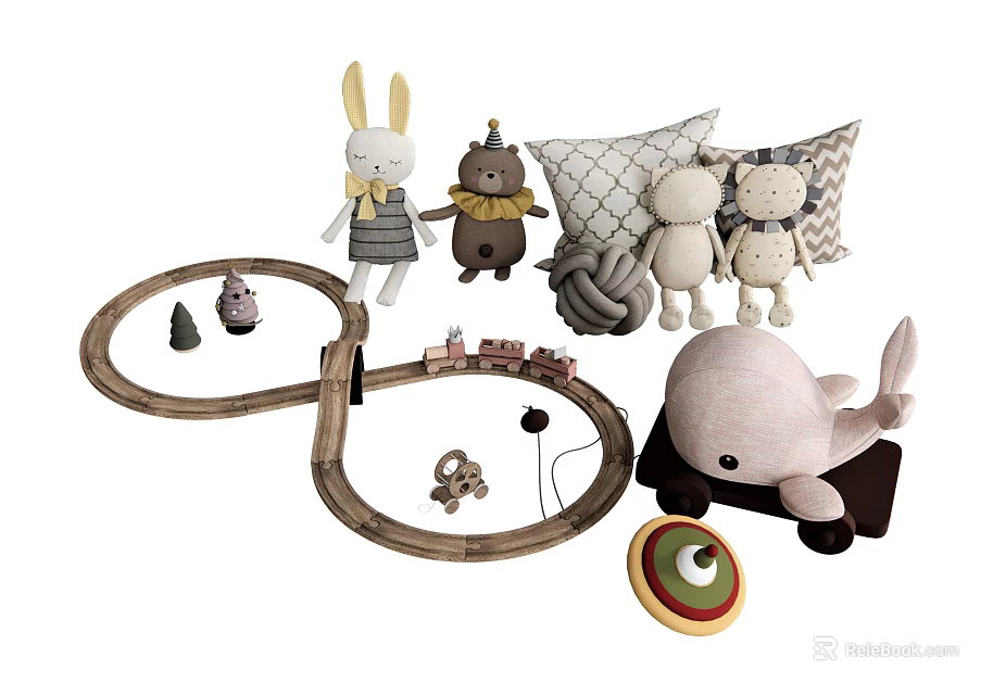 Plush Toys Set With Toy Train Track Pillows and Whale Rabbit Bear Figures 3d model 