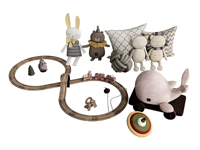 Plush Toys Set With Toy Train Track Pillows and Whale Rabbit Bear Figures 3d model