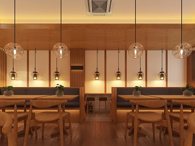 Warm Wooden Restaurant Interior With Hanging Glass Pendant Lights And Booth Seating 3d model
