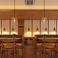 Warm Wooden Restaurant Interior With Hanging Glass Pendant Lights And Booth Seating