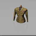 Brown military uniform jacket with epaulettes medals and ribbons pockets and belt on wooden hanger