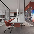 Modern Public Office Space Featuring Display Wall Seating Bench And Glass Shelves 3d model