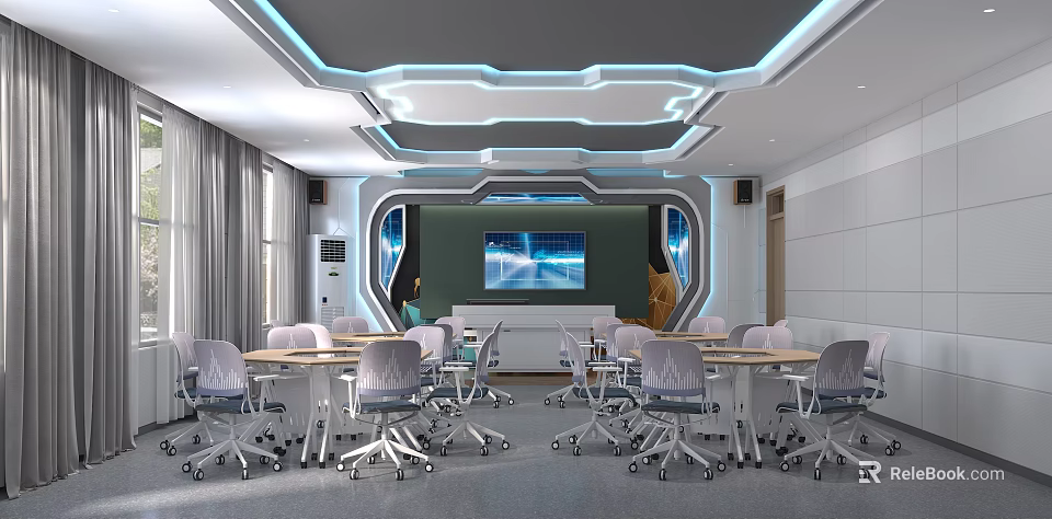 Modern School Classroom With Tech Inspired Lighting Large Screen And Ergonomic Desks Chairs 3d model 
