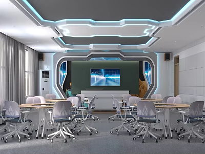 Modern School Classroom With Tech Inspired Lighting Large Screen And Ergonomic Desks Chairs 3d model