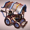 Mythical Style Wooden Mobile Cart With Blue Decorations Ornate Roof And Metal Canisters
