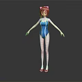 3D Model Female Character With Short Brown Hair Blue Swimsuit Pink Shoes Gray Background