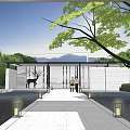 Modern Garden Landscape Design With Glass Building Water Pool Green Trees And Pathway