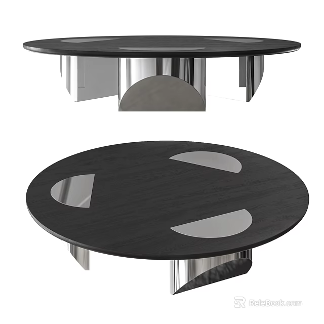 Round Black Coffee Table With Silver Metal Legs And Curved Cutout Designs 3d model 