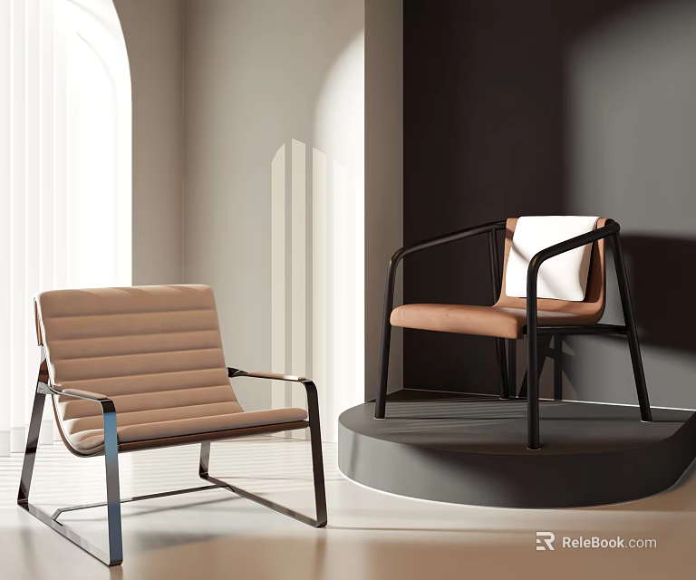 Modern Interior Leisure Chairs With Light Brown Striped Design And Orange Black Frame White Cushion 3d model 