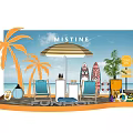 MISTINE FUNHOU Summer Beach Themed Window Display With Palm Trees Striped Umbrella Blue Chairs Surfboards