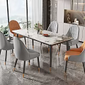 Modern Dining Table Set With Marble Top Orange Grey Chairs And Scenic Window View 3d model