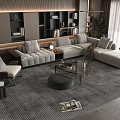 Modern Elegant Sofa And Coffee Table Set With Gray Rug Floor Lamp Plant And Bookshelf